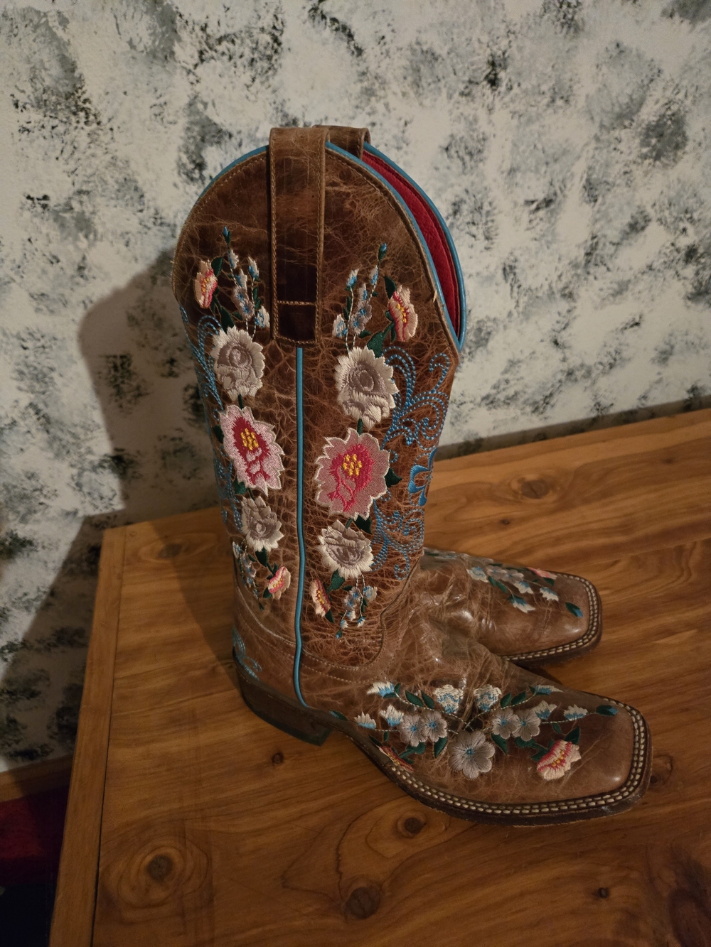 Macie Bean Brown Embroidered Floral Western Booties with Turquoise Accents